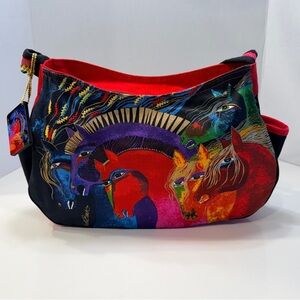 LAUREL BURCH Wild Horses of Fire Hobo Tote Bag Zipper Multicolor Canvas 15”x9”